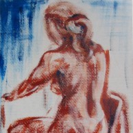 Acrylgemälde einer sitzenden Frau von hinten in Blau und Ockertönen 